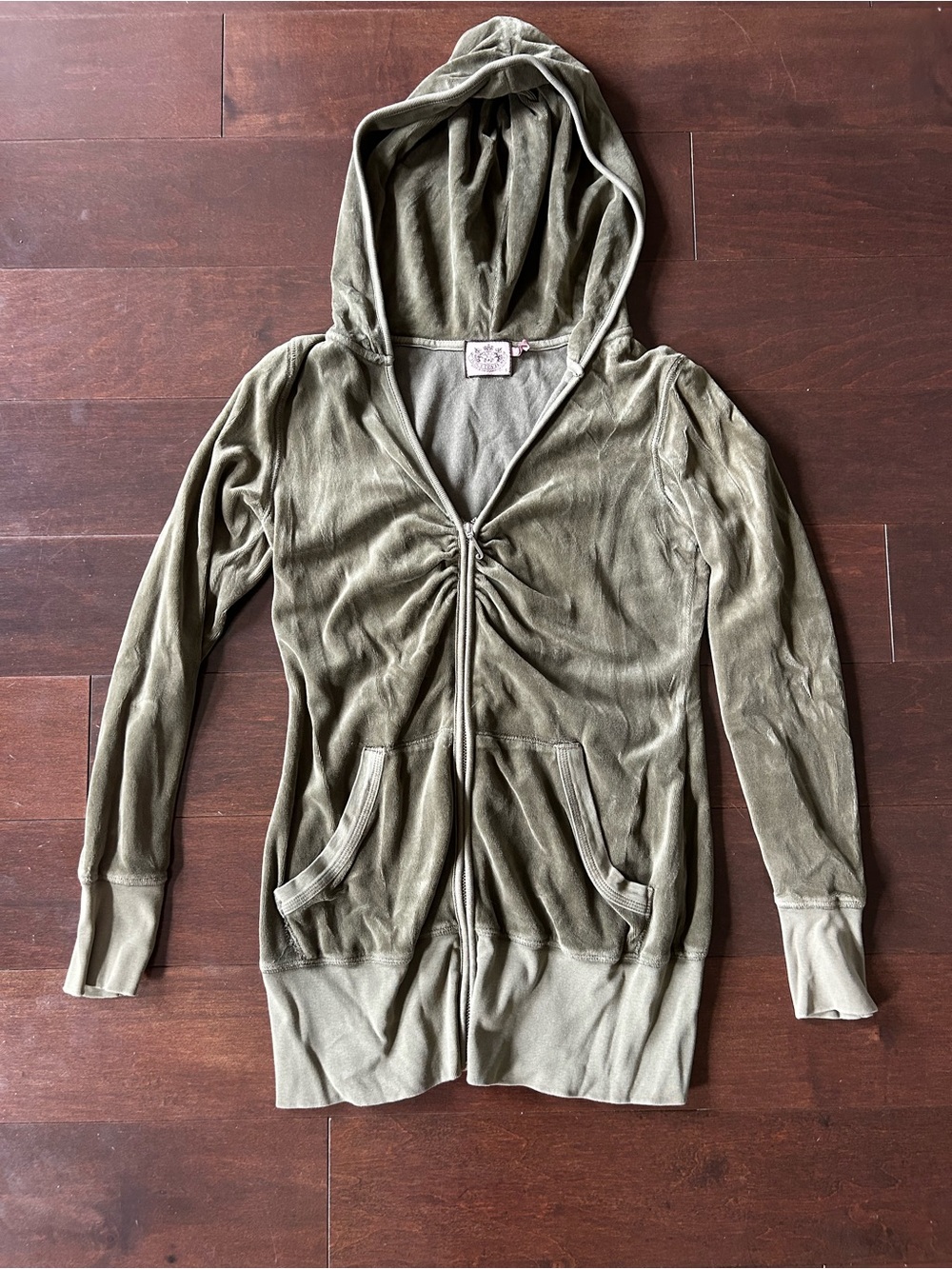 Juicy Couture Olive Green Velour Hoodie with Pink Logo Patch